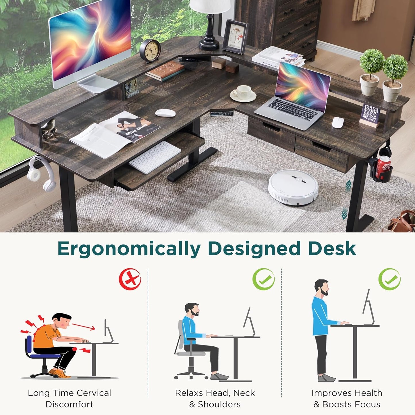 RedLemon 60 Inches L Shaped Electric Standing Desk,Height Adjustable Corner Gaming Desk with Drawers, Keyboard Tray, Power Outlets & LED Lights, Computer Desk with Monitor Shelf, Dark Rustic Oak