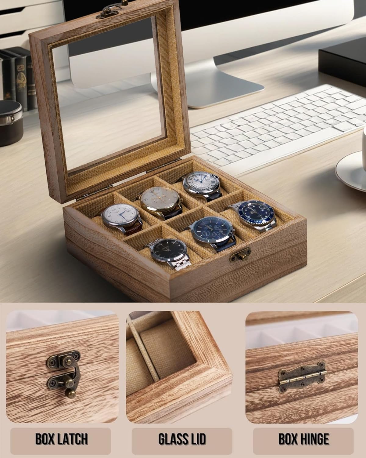 Watch Box, Watch Case for Men Women with Large Glass Lid, Wooden Watch Display Storage Box with 6 - Slots, Weathered Wood Mens Watch Box Organizer