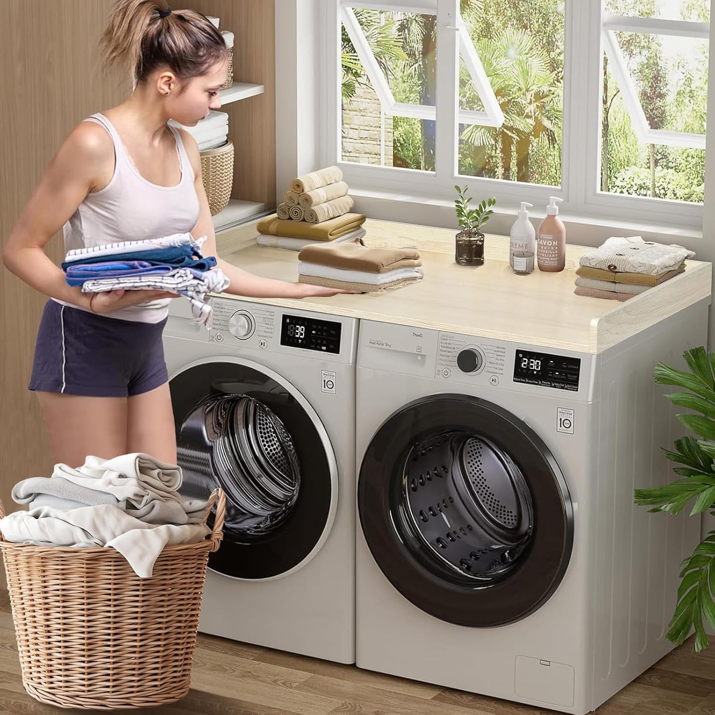 Washer Dryer Countertop: 27.5" x 54" Laundry Topper for Washer and Dryer - Non-Slip Washer and Dryer Countertop with Safety Edge - Laundry Room Organization (Wood)
