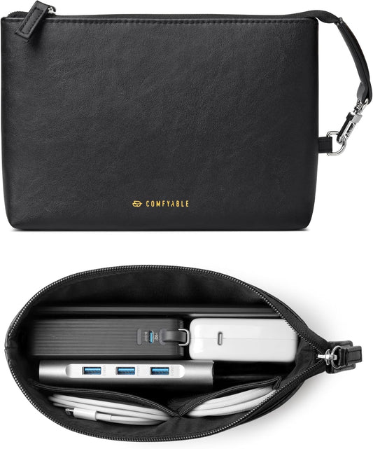 Comfyable Electronic Organizer Travel Case, Cord Storage Bag for Tech Accessories, Water-resistant Cable Organizer, Premium Leather Pouch for Charger, Phone, Cable, Mouse, Power Bank, Black