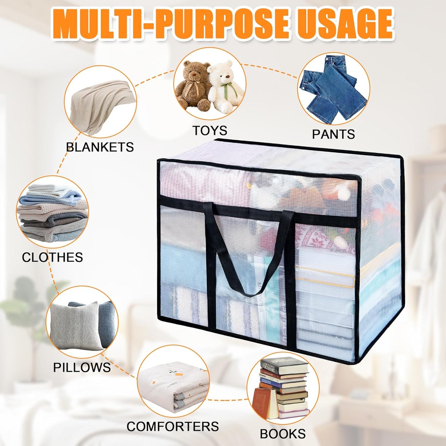 6 Pack Clear Blanket Storage Bags with Zipper, Vinyl Foldable Moving Bags Closet Organizers and Storage Containers for Bedding, Blankets, Comforters, Clothing, Toys, Quilt, Duvet, 40L