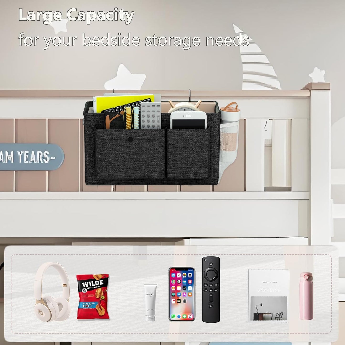 Bedside Caddy Bedside Organizer with Fixed Straps & Water Bottle Holder, Bunk Bed Caddy ideal for Home, Dorm, Hospital, Crib, Versatile Bedside Storage Solution (Black 2pcs)