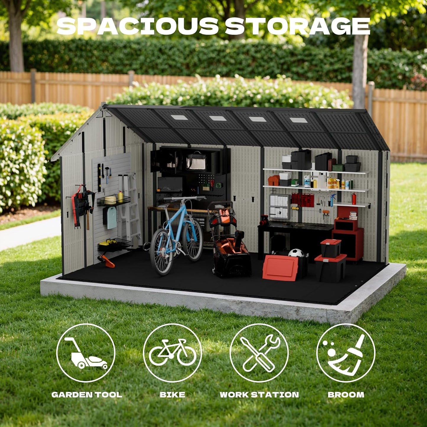 Devoko 10x14 FT Resin Outdoor Storage Shed with Floor, Plastic Tool Garden Shed with Windows & Lockable Door, Outside Large Storage Shed for Patio Backyard Lawn, Beige