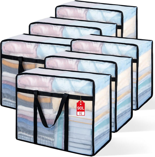6 Pack Clear Blanket Storage Bags with Zipper, Vinyl Foldable Moving Bags Closet Organizers and Storage Containers for Bedding, Blankets, Comforters, Clothing, Toys, Quilt, Duvet, 90L