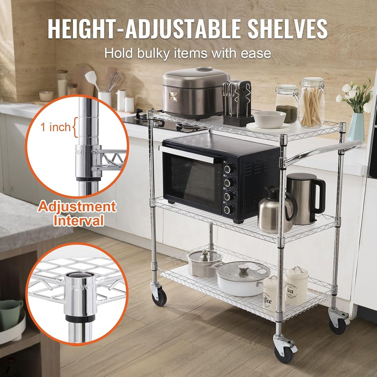 VEVOR Kitchen Utility Cart, 3 Tiers, Wire Rolling Table with 661 LBS Capacity, Steel Service Desk on Wheels, Metal Storage Trolley with 80 mm Deep Basket Curved Handle PP Liner 6 Hooks