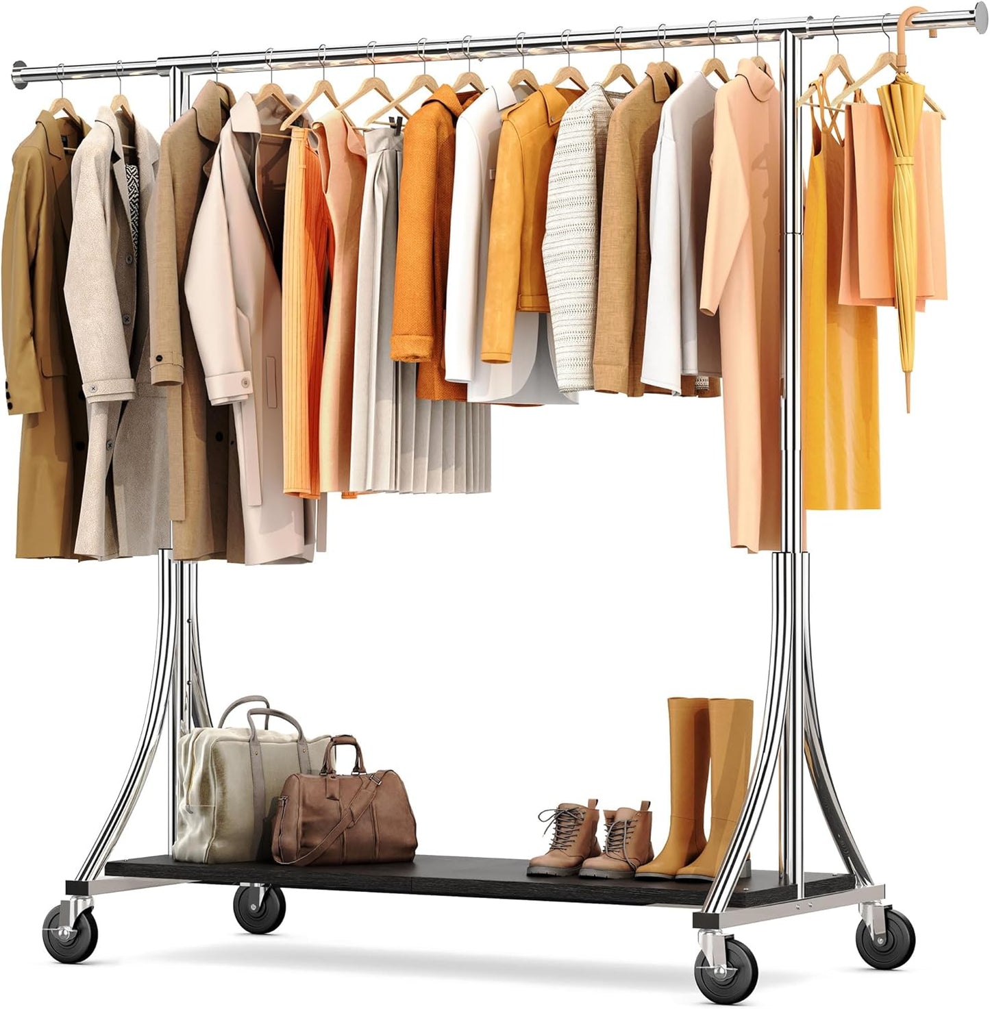 HOKEEPER Clothes Rack with Wood Shelves Height Adjustable Clothing Rack with Lockable Wheels 500LBS Portable Wooden Garment Closet for Bedroom, Living Room, Laundry, Balcony, Silver