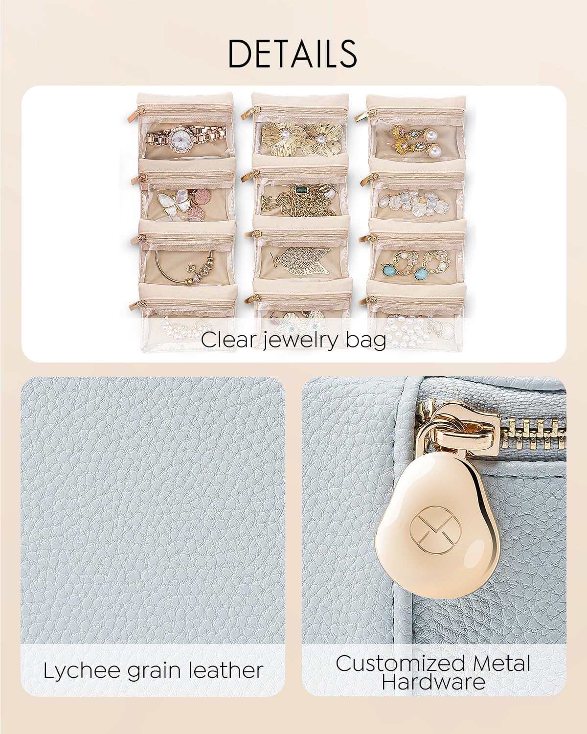 Vlando Travel Jewelry Case Organizer,Small Jewelry Box with 12 Velvet Jewelry Storage Pockets,Christmas Gift Ideas for Bride Friends Women Girls-Baby Blue