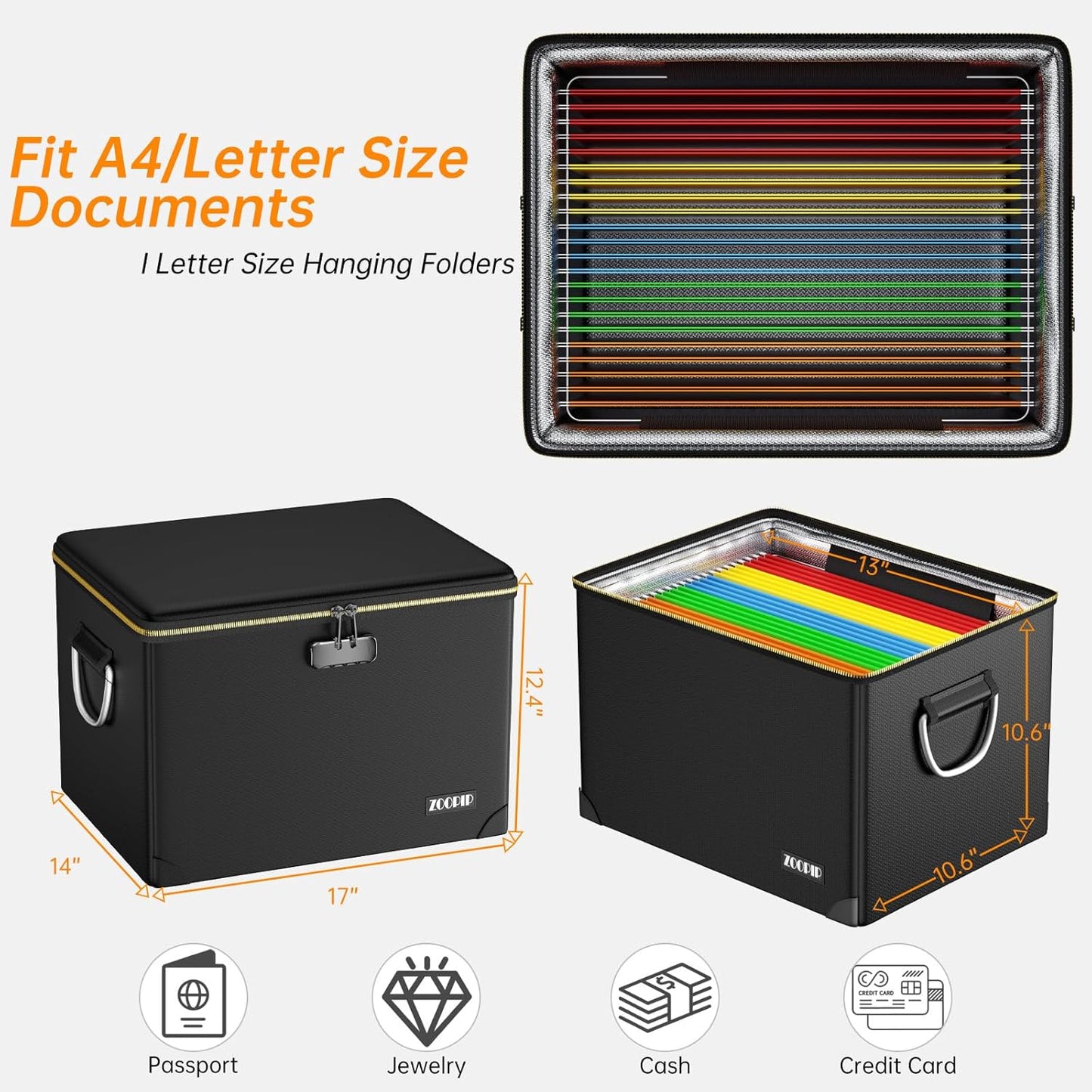Fireproof Document Box,Hard Case File Organizer with Fireproof Zipper&Threads,Non-Foldable Filing Cabinet with Lock, Portable Office Safe Box Storage for Hanging Letter Folder,Valuables,Black