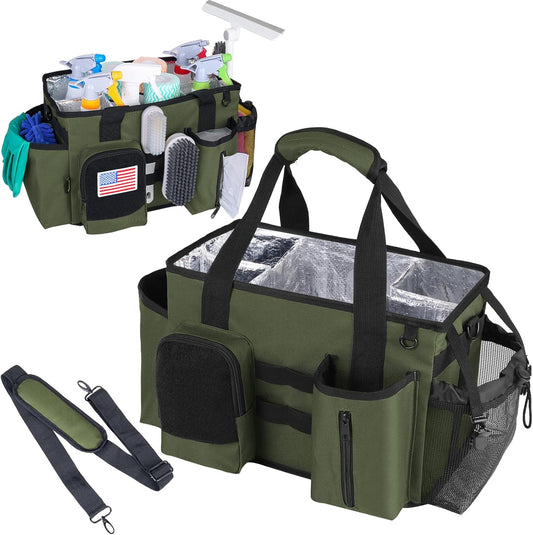 Wearable Cleaning Caddy Bag, Cleaning Organizer with Handles, Cleaning Supply Tote with Adjustable Shoulder Strap for Cleaners & Housekeeper (Green, 13.4'' x 7.3'' x 9.3'')
