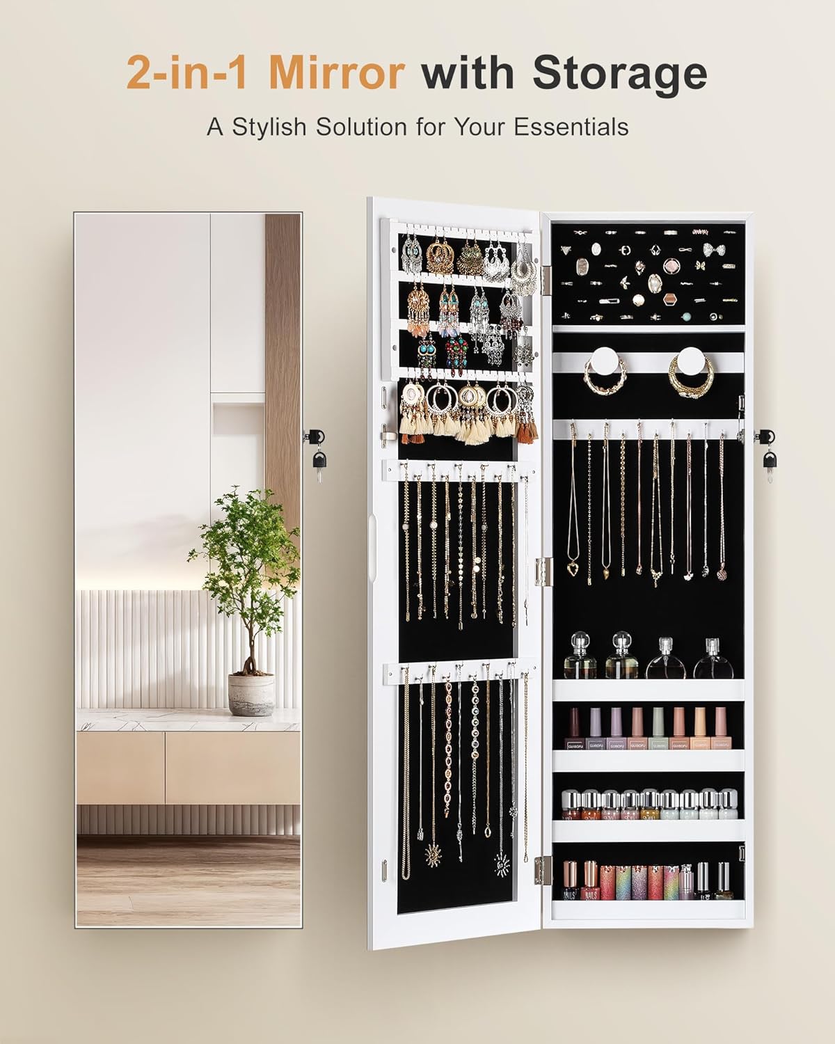 Nicetree Jewelry Armoire with Mirror, Wall/Door Mounted Jewelry Cabinet, Lockable Jewelry Organizer with Full-Length Mirror, Frameless Mirror with Storage, Black Lining