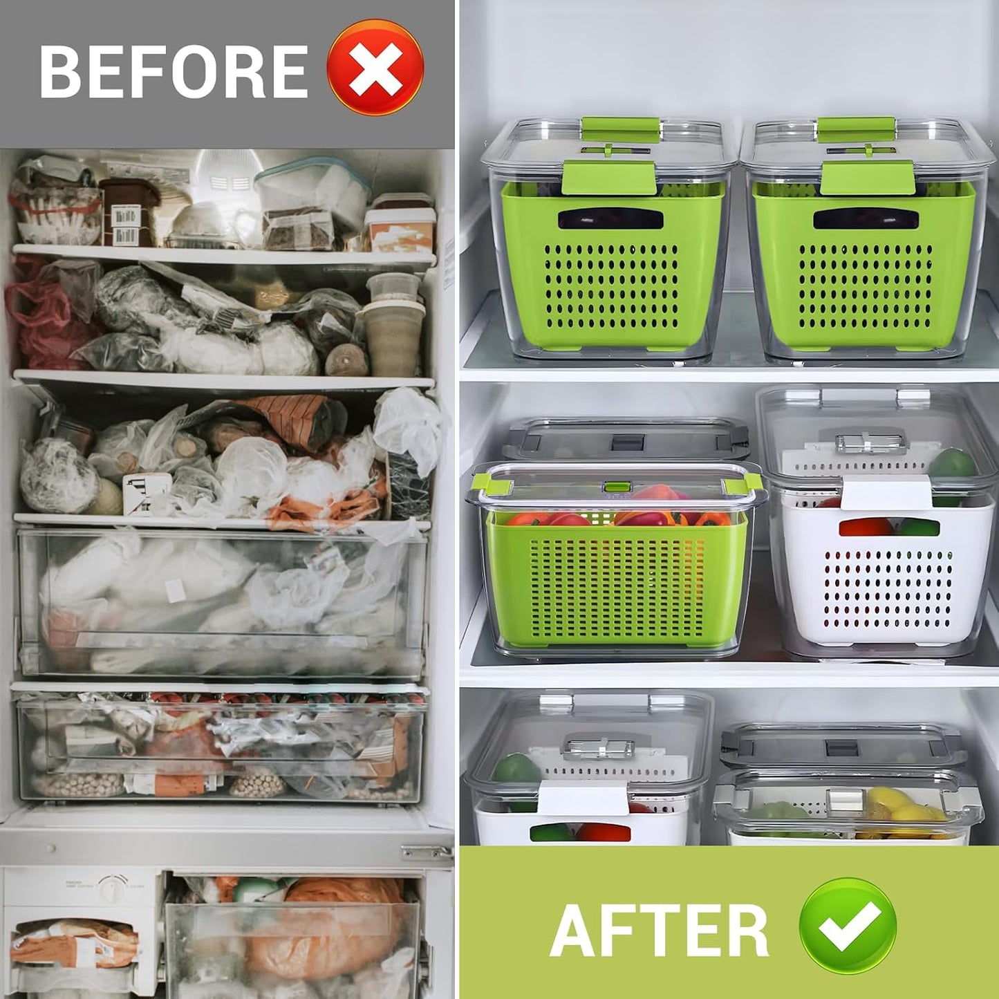 LUXEAR Fresh Container, 3PACK Produce Saver Container BPA Free Fridge Organizer for Vegetable Fruit and Salad Partitioned Food Storage Container with Vents Stay Fresh Containers Not Dishwashers Safe