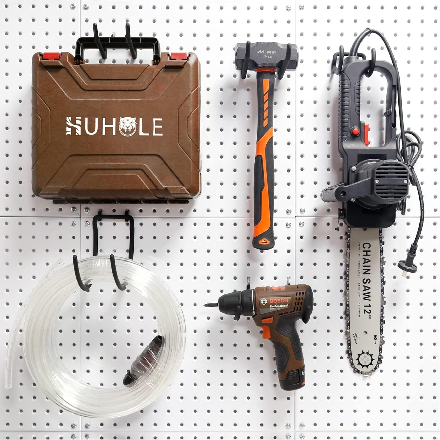 HUHOLE Pegboard Drill Holder, Peg Board Tool Utility Hooks, 24 Pack Heavy Duty Pegboard Tool Holder for Power Tools, Drill, Hammer, Cord, Fit for 1/4" Pegboard (24PC)
