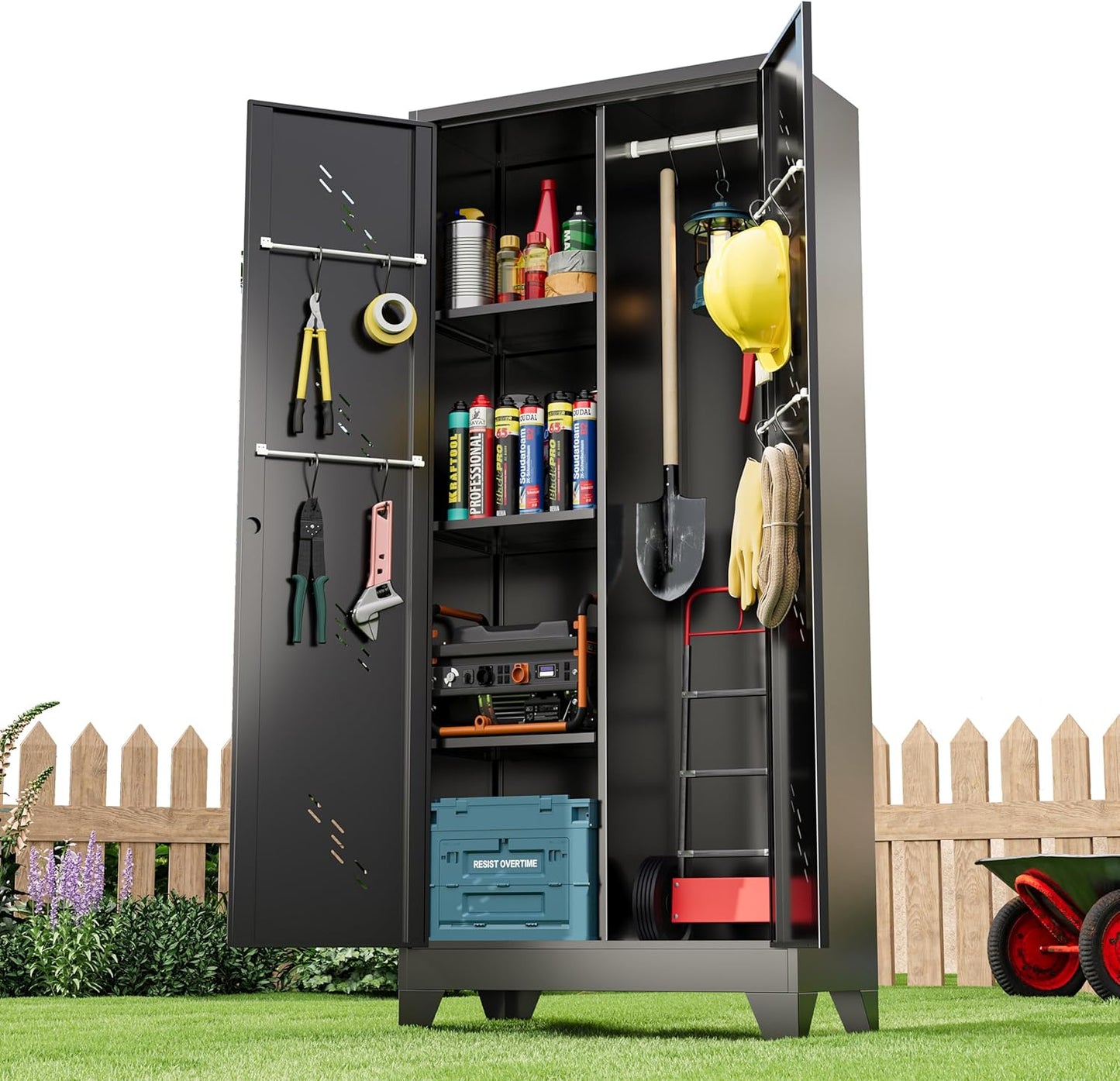Metal Storage Cabinet 71" H, Garege Storage with Stainless Steel Bottom, Black Cleaning Supplies Organization Cabinet with Lockable Doors and Hanging Rod for Outdoor, Home Office
