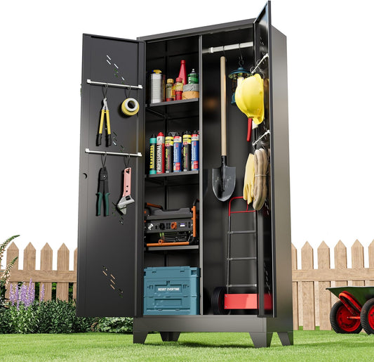 Metal Storage Cabinet 71" H, Garege Storage with Stainless Steel Bottom, Black Cleaning Supplies Organization Cabinet with Lockable Doors and Hanging Rod for Outdoor, Home Office