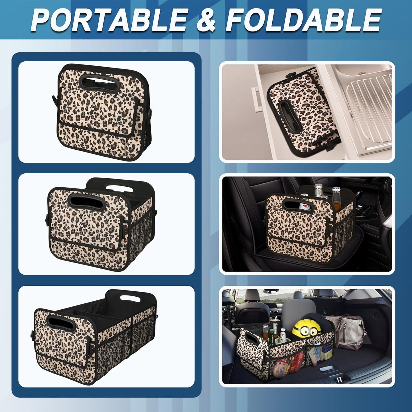 Deosk Car Trunk Organzier for suv,Car Organziers and Storage with 6 Big Pocket for Women/Men 50L Waterproof Polyester Trunk Organzier for Minivan/Truck(Medium,Leopard print)