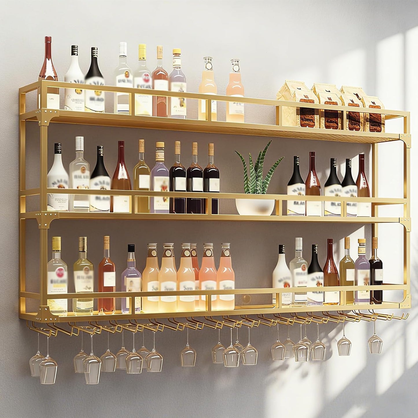 47.2in Wall Mounted Wine Rack, Wine Rack Wall Mounted with Wine Glass Rack, Metal Bar Bottle Display Shelf Wine Cups Hanging Holder, for Home Bar Cafe Decoration (Gold, 47.2 * 10 * 35.5IN)