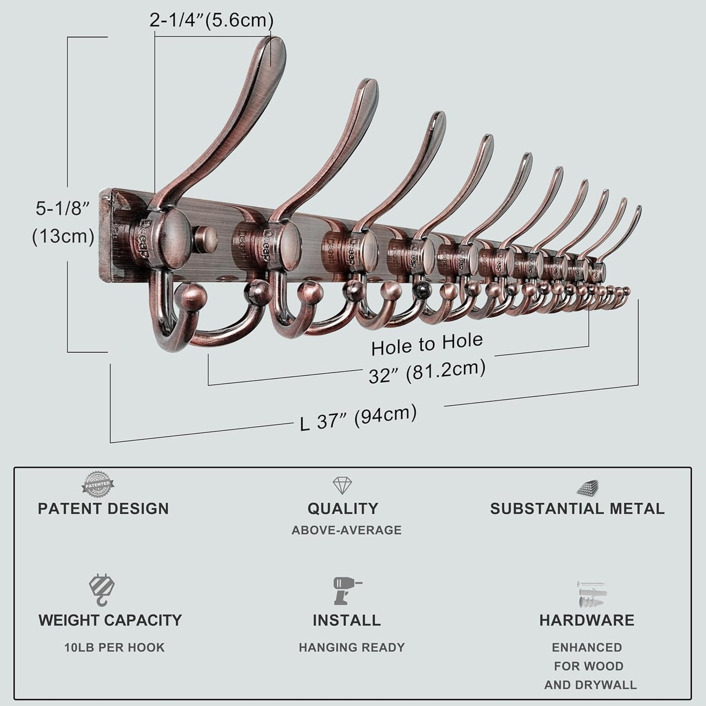 Dseap MaxStrong 2.0 Coat Rack Wall - 37” Long 10 Tri Hooks - Ultra Heavy-Duty Stainless Steel Wall Mount Coat Hanger, Hook Rail for Clothes Hats Jacket Towels Antique Copper, Pack of 2