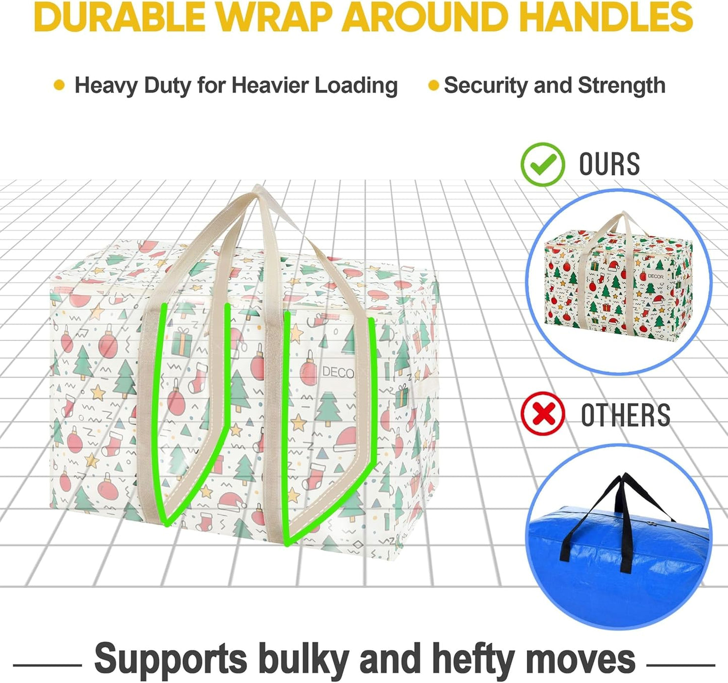 VENO 4 Pack Moving Bags and Large Christmas Storage Bins with lids. Alternative to Moving Boxes, Packing Supplies for College. Extra Large Heavy Duty Totes for Packaging (Jingle Mix, 4 Pack)