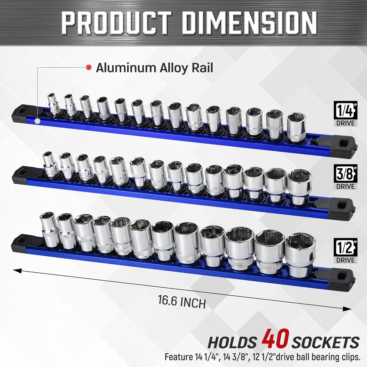 ALOANES 3-Piece Magnetic Socket Organizer, Heavy Duty Aluminum Socket Rails Organizer, 360° Swivel Clips Socket Holder Kit for Tool Box, 1/2, 3/8, 1/4-Inch Socket Holder x 40 Clips (Blue)