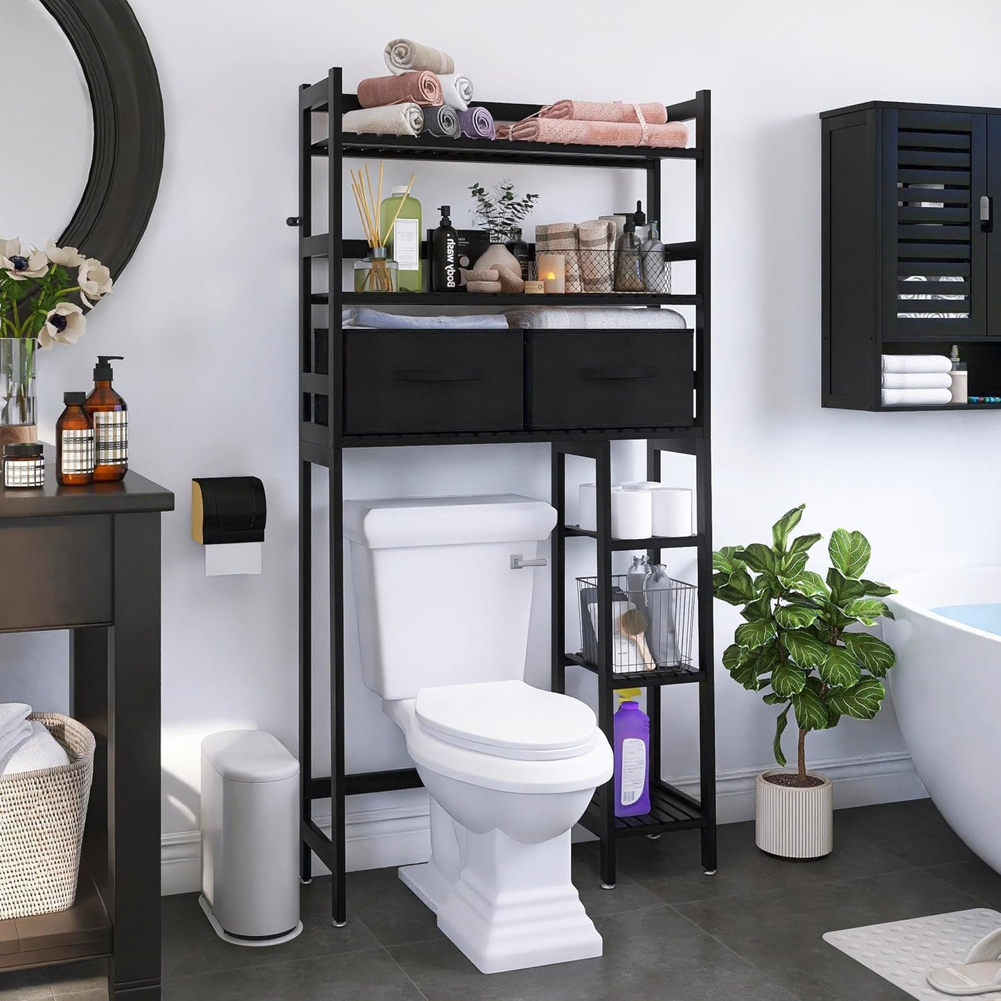 SMIBUY Over-The-Toilet Storage Rack, 6-Tier Bamboo Large Bathroom Organizer with Side Shelves and 2 Drawers, Stable Freestanding Space Saver for Bathroom, Laundry Room(Black)