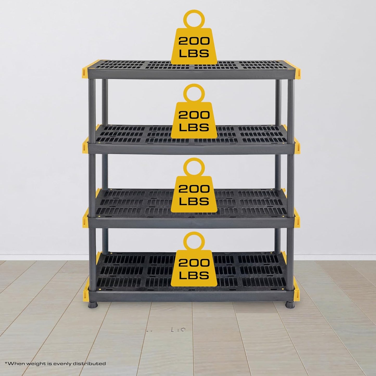 Black & Yellow, 4-Tier Heavy Duty Plastic Storage Shelving Unit, 200lbs/shelf (55H x 48W x 20D), for Indoor/Outdoor Organization, Modular Rack