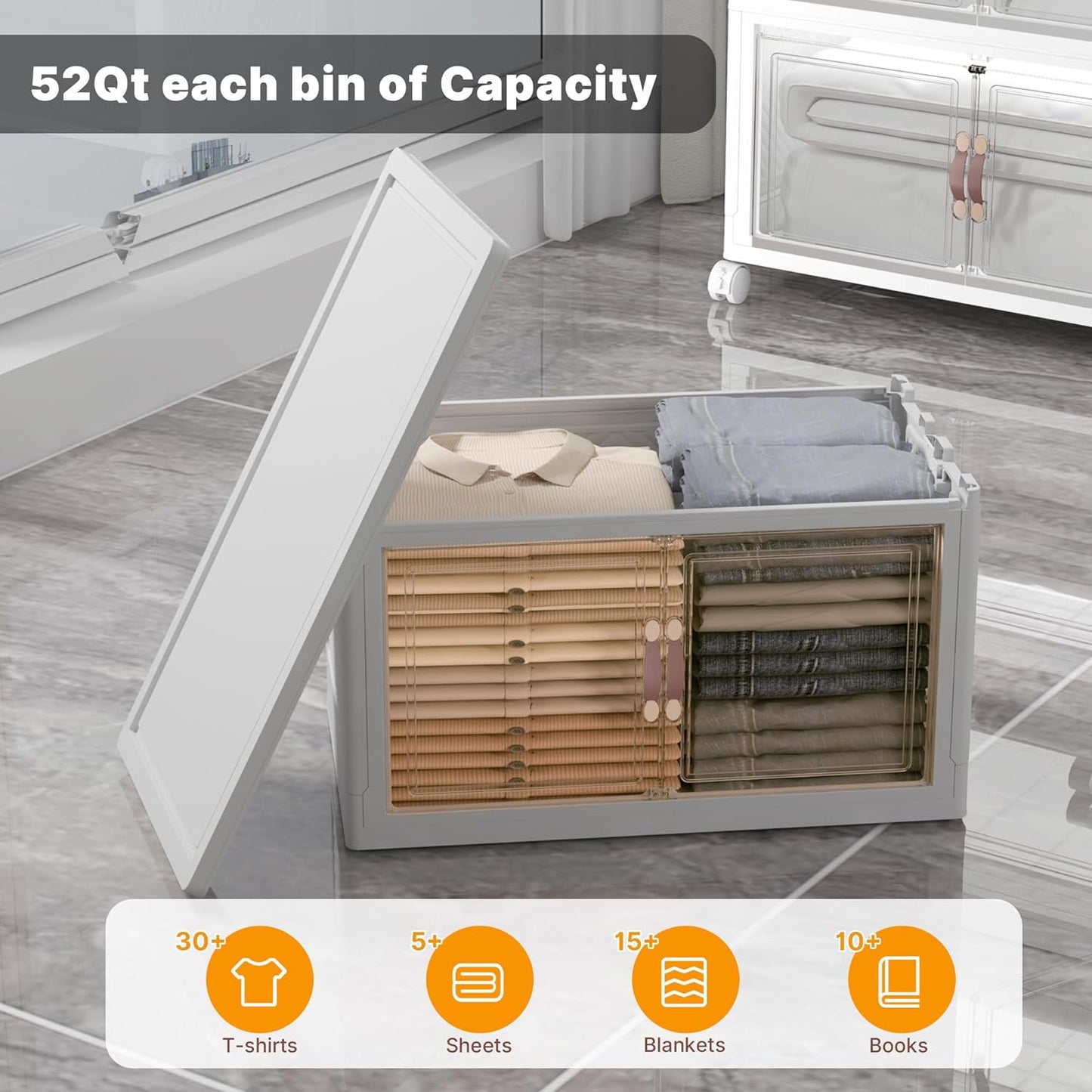Extra Large Stackable Storage Bins with Lids & Wheels & Door, 312QT-52QT/13GAL*6Pack Foldable Collapsible Closet Organizers, Plastic containers Drawers for Bedroom Dorm