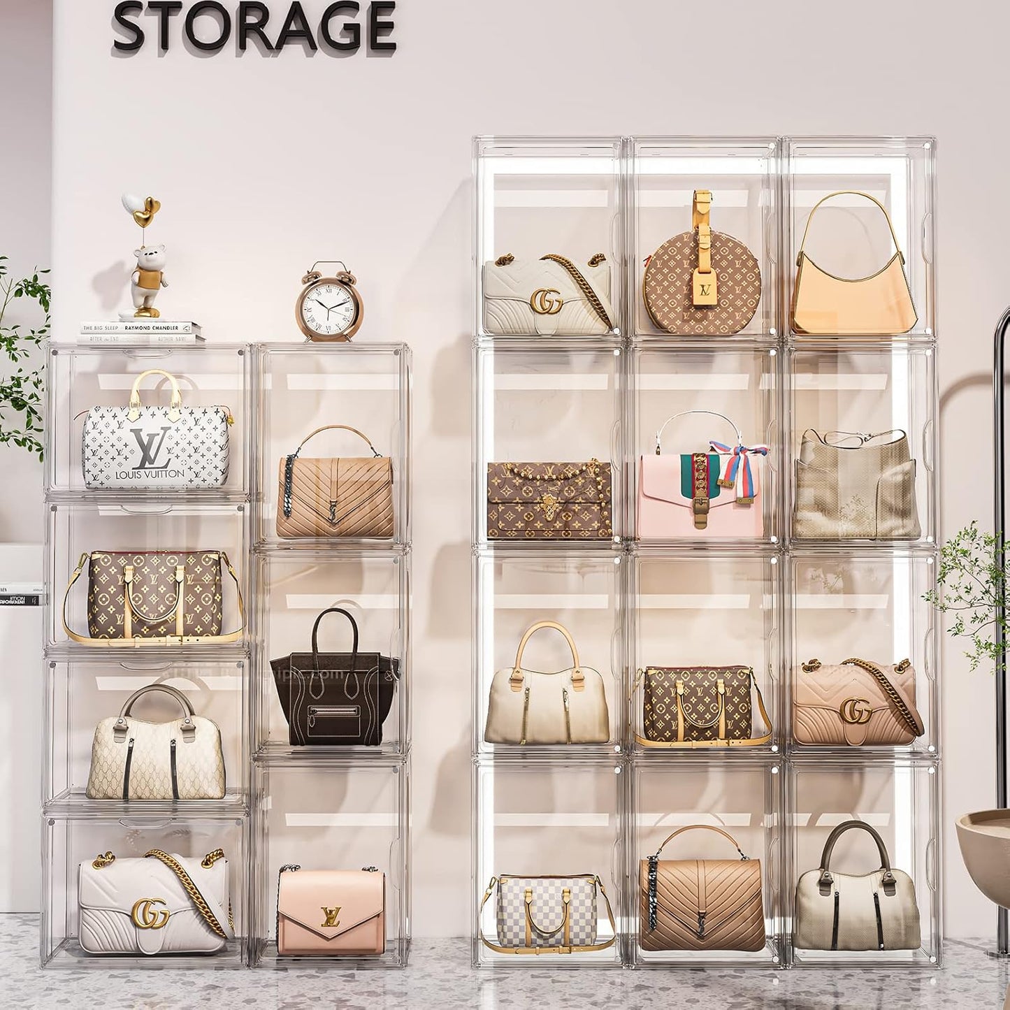 Purse Storage Organizer for Closet 3 Packs Clear Handbag Storage Organizer Acrylic Display Case for Collectibles Stackable Bag Organizer with Magnetic Door for Backpack, Figure, XXX-Large