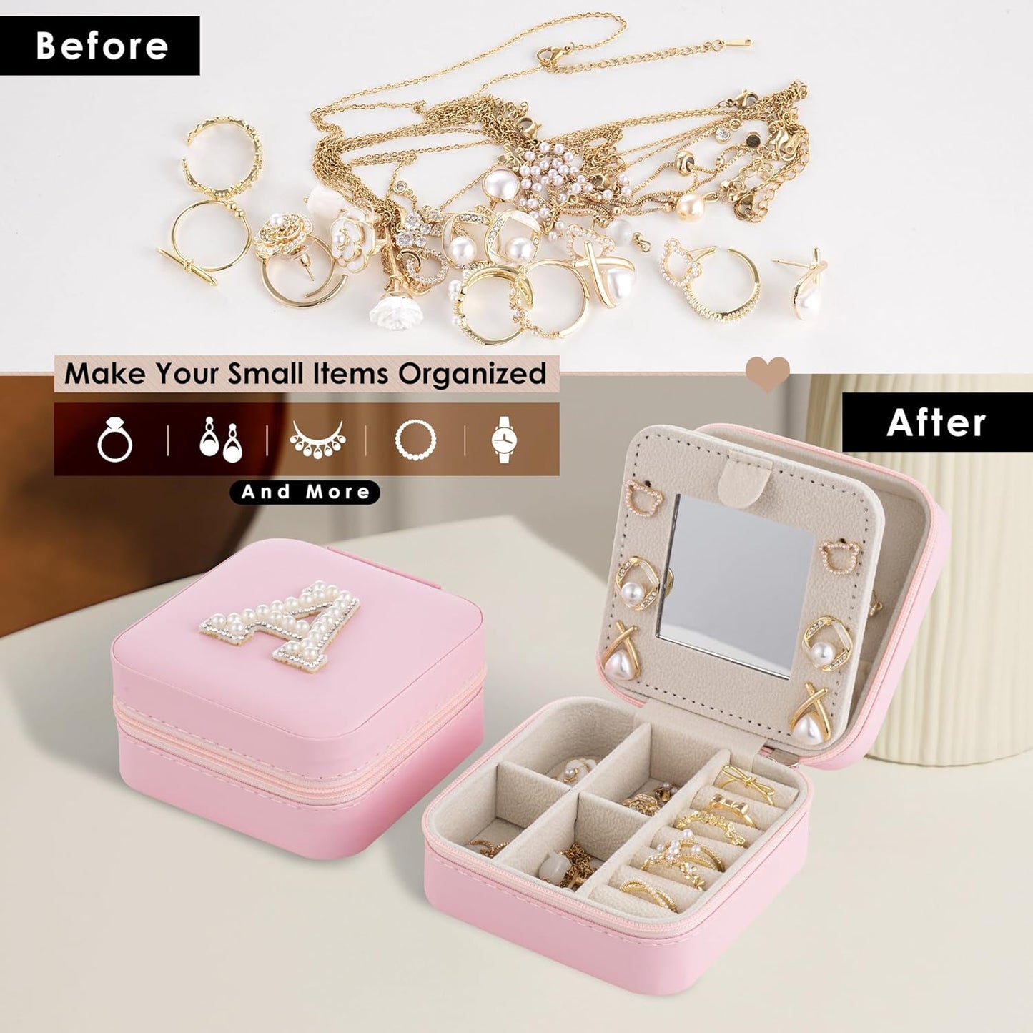 Birthday Gifts For Women - Initial Jewelry Box, Travel Jewelry Case, Small Travel Organizer, Graduation & Bridesmaid Gifts