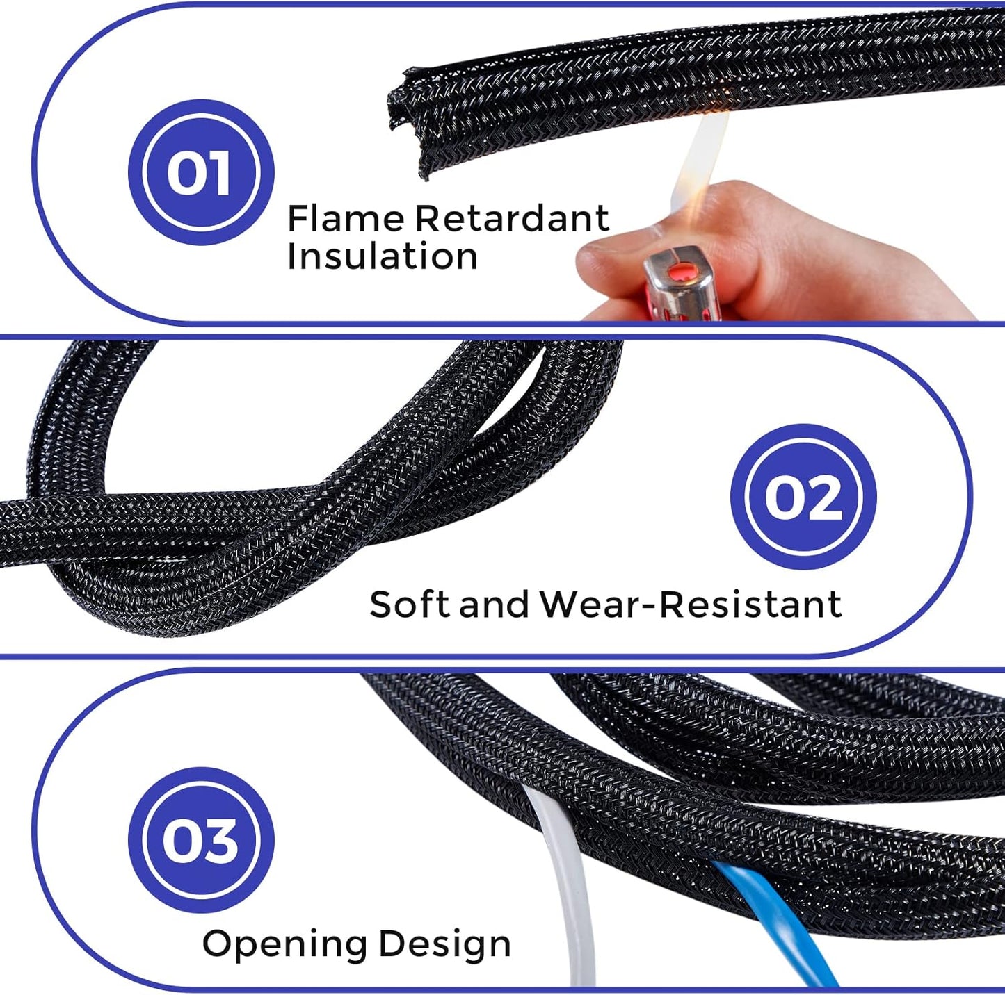 Cable Management Sleeves 1in - 2 Pack 4.1ft Split Braided Cable Sleeve Black, Hard PE Cord Protectors from Pets, Wire Organizers for Cords, Flexible Cord Wrap Wire Sleeve for Computer Cord Organizer