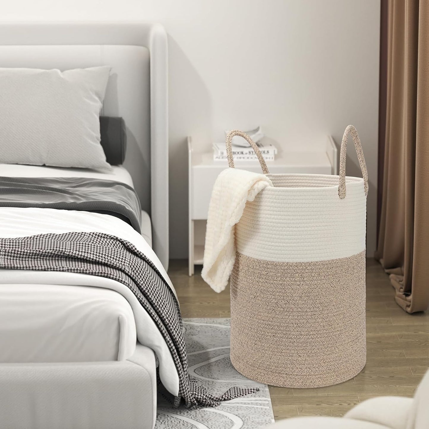 58L Cotton Rope Laundry Basket (20"x15"), Woven Storage Basket for Laundry, Living Room, Nursery, Bedroom, Blankets (White/Brow)