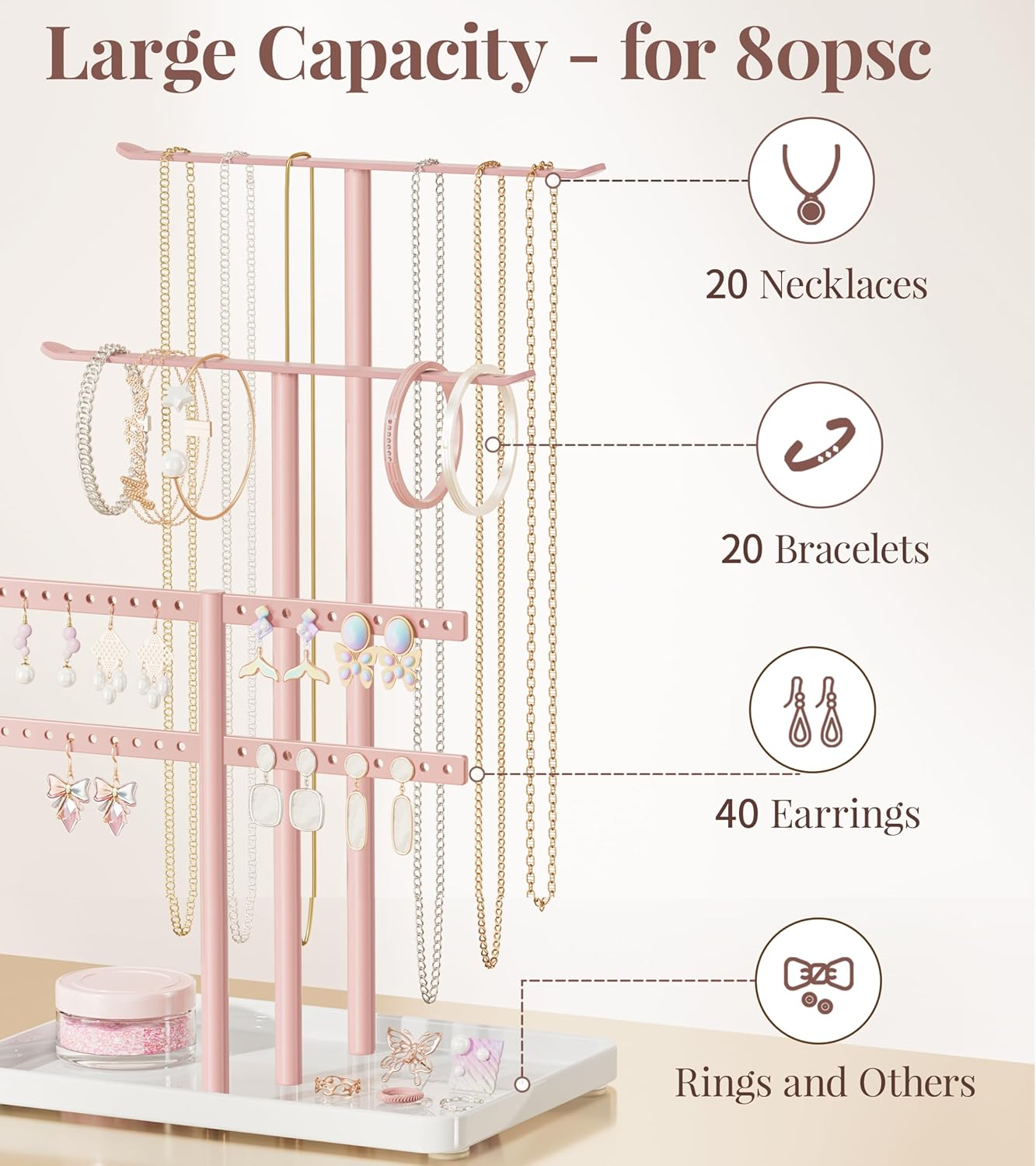 pickpiff Jewelry Holder Organizer, 12.5'' Tall Sturdy Metal Stand, 3-Tier Jewelry Hanger for Necklace, Earring, Bracelet, Ring, for Display and Storage, Aesthetic Room Decor, Pink