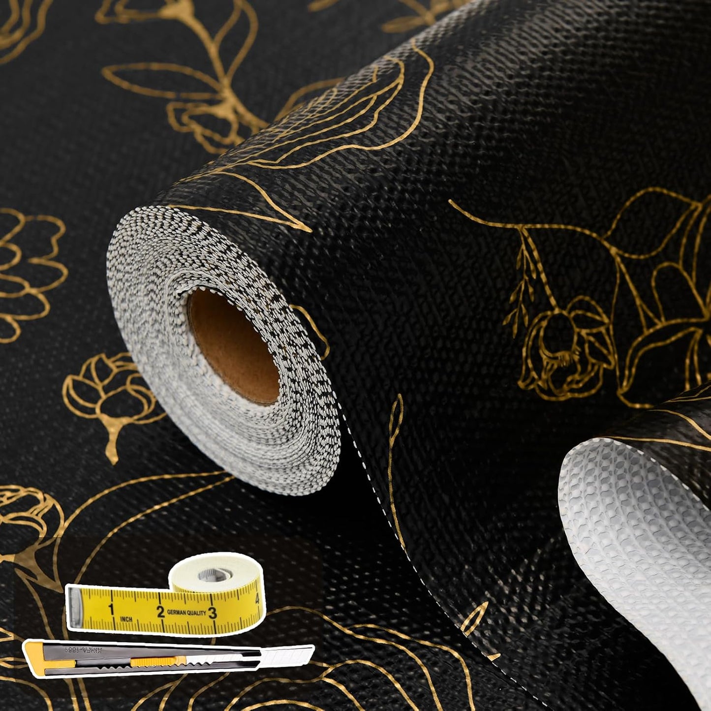 Shelf Liners for Kitchen Cabinets 17.5in x 30FT Non Adhesive Drawer Liner Black Floral Thickened Shelf Liner Paper Strong Non-Slip Easy to Clean for Tool Box Refrigerator with Knife and Tape Measure