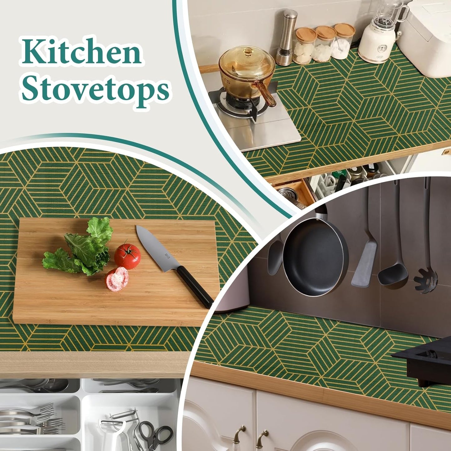 Shelf Liners for Kitchen Cabinets 12in x 20FT, Non Adhesive Cabinet Liner Strong Non-Slip Thickened Gold Green Geometric Drawer Liner, Easy to Clean for Shelf, Cabinet with Knife and Tape Measure