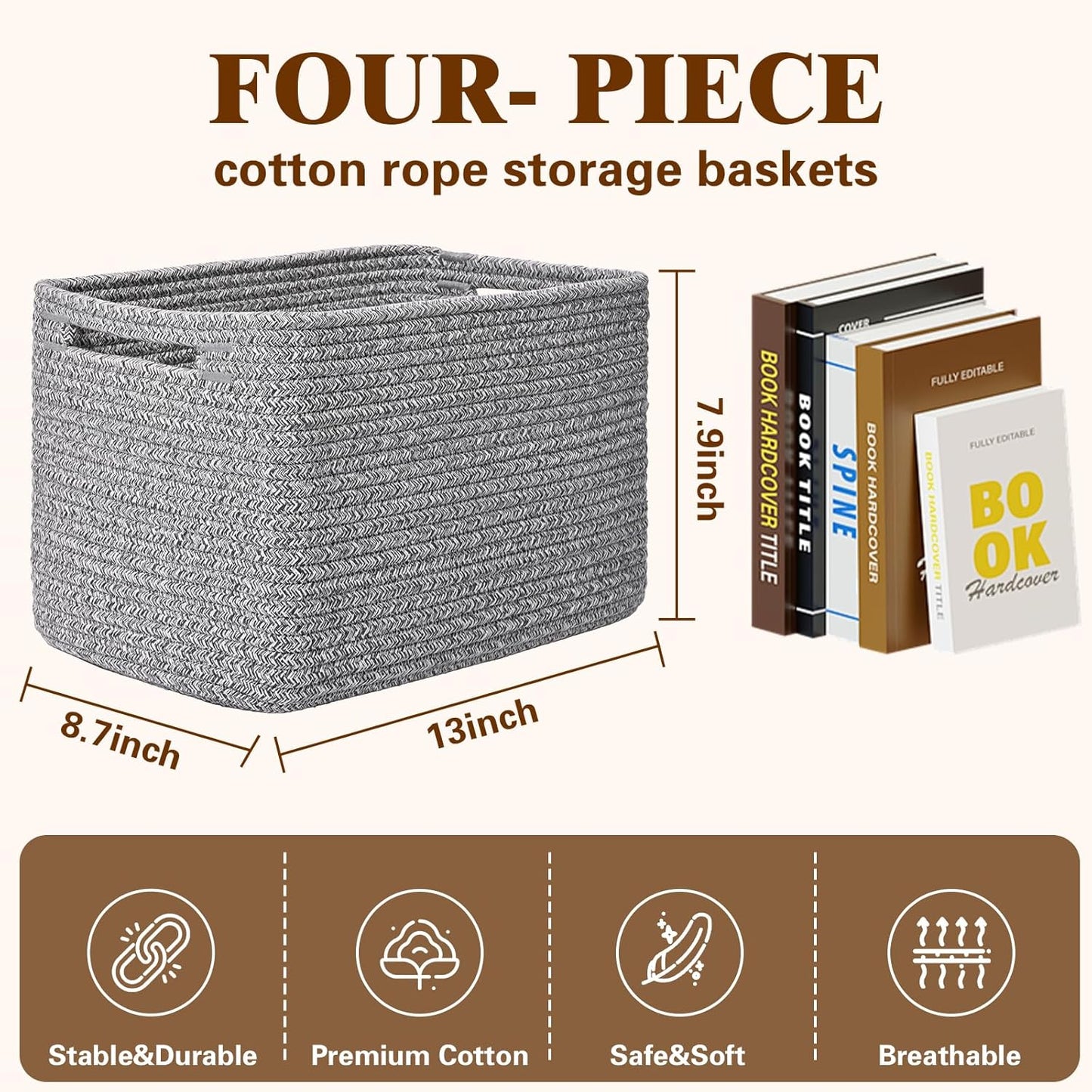 Storage Baskets for Organizing, 4 Pack Storage Baskets for Shelves, Woven Basket for Shelves, Closet Organization, Rectangle Organizer Basket Gifts Empty, 13"Lx8.7"Wx7.9"H Decorative Bins with Handles