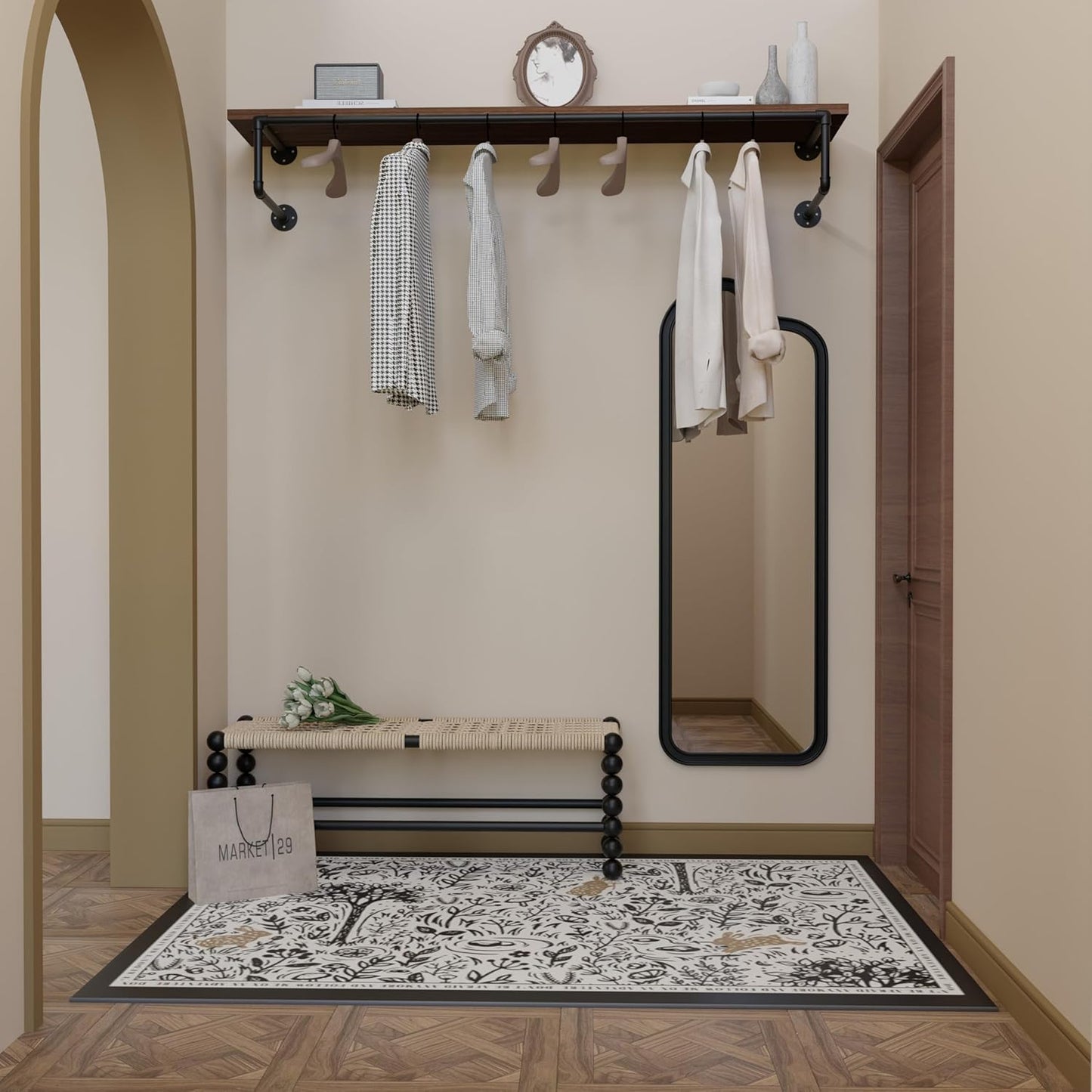 Clothes Rack 60in, Wall Mounted Garment Racks with Real Walnut Wood Shelf, Heavy Duty Hanging Clothes Rack, Multi-Purpose Hanging Rod, Space-Saving Closet Storage