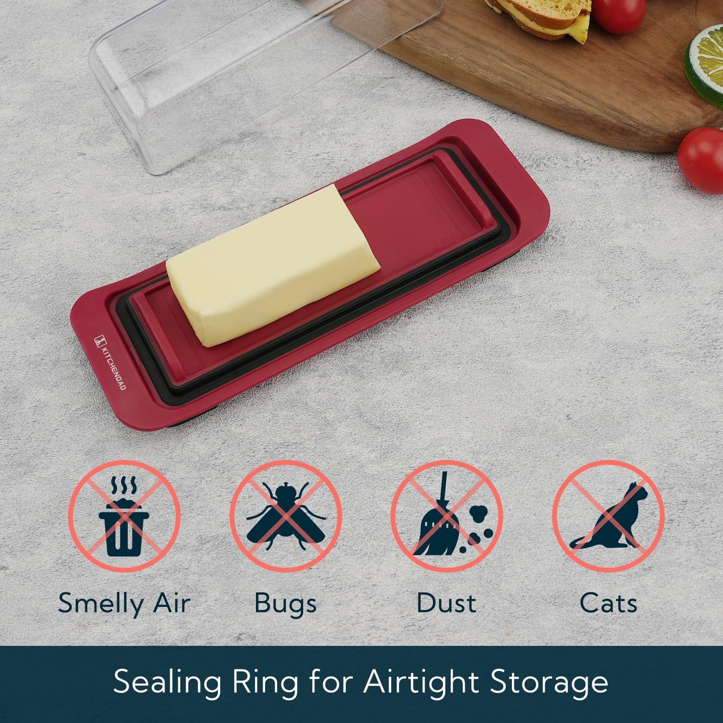KITCHENDAO Airtight Butter Dish with Lid for Countertop and Refrigerator Door Shelf, Butter Keeper, Plastic Butter Holder Tray Container for West/East Coast Butter, Red