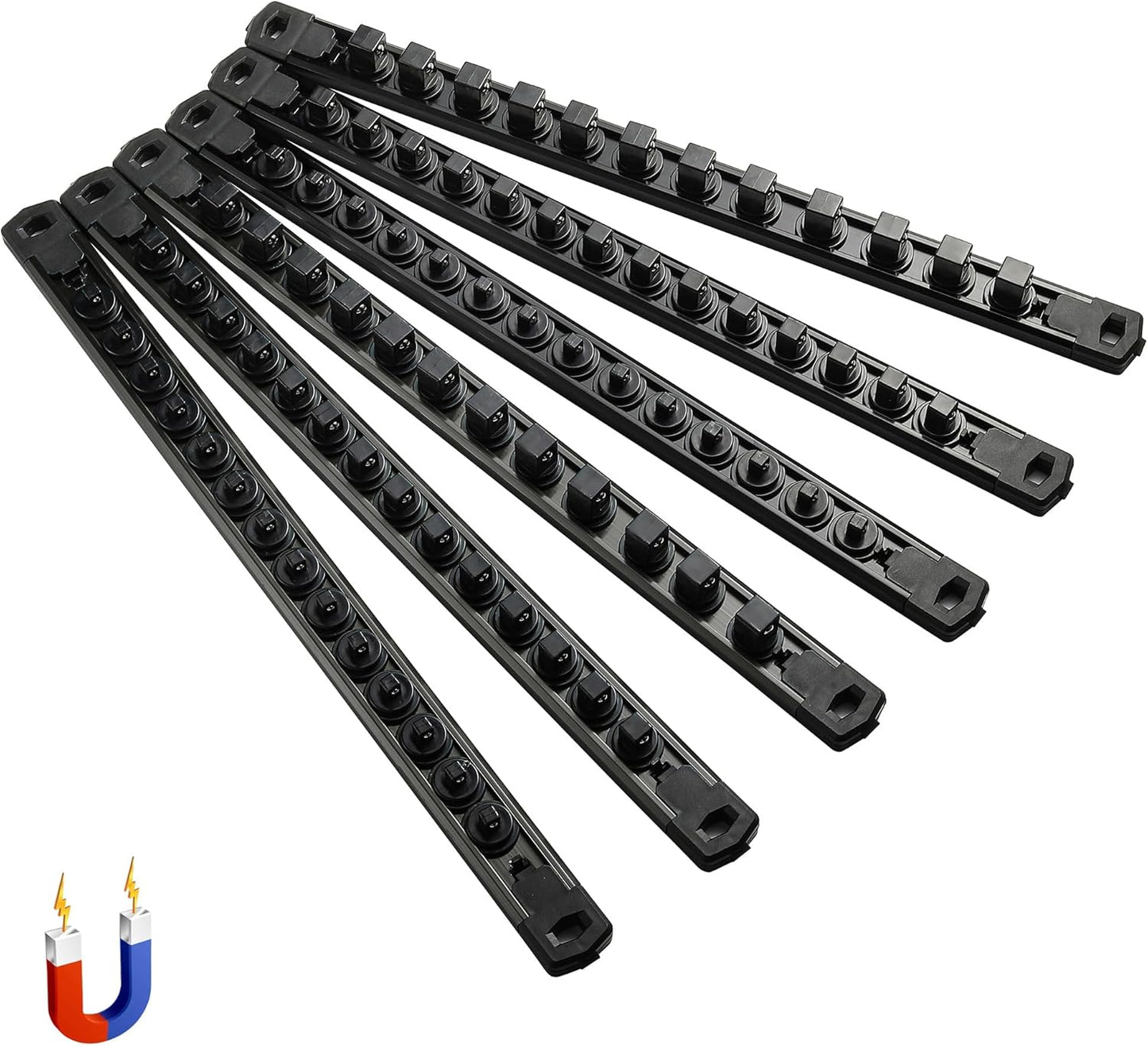 ALOANES 6-Piece Magnetic Socket Organizer, Heavy Duty Aluminum Socket Rails Organizer, 360° Swivel Clips Socket Holder Kit for Tool Box, 1/2, 3/8, 1/4-Inch Socket Holder x 80 Clips (Black)