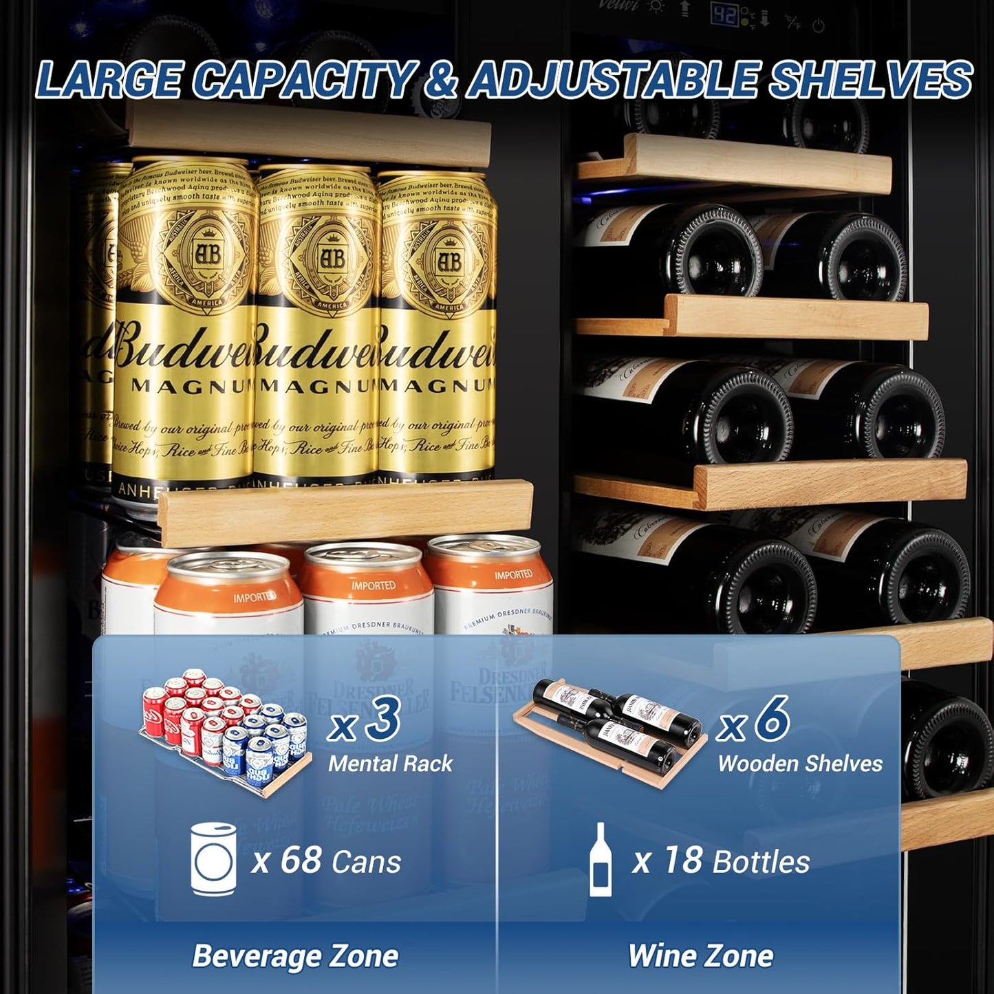24" Black Dual Zone Wine & Beverage Refrigerator | Under Counter Built-In or Freestanding | 18 Bottles & 68 Cans | Glass Door with Lock Large Capacity for Beer Wine Soda Drinks