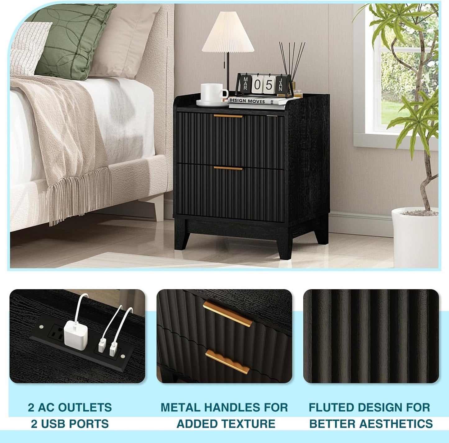Wnutrees Fluted Nightstand with Charging Station, Modern Bedside Table with 2 Drawers, Farmhouse Wooden End Side Table Living Room, Black