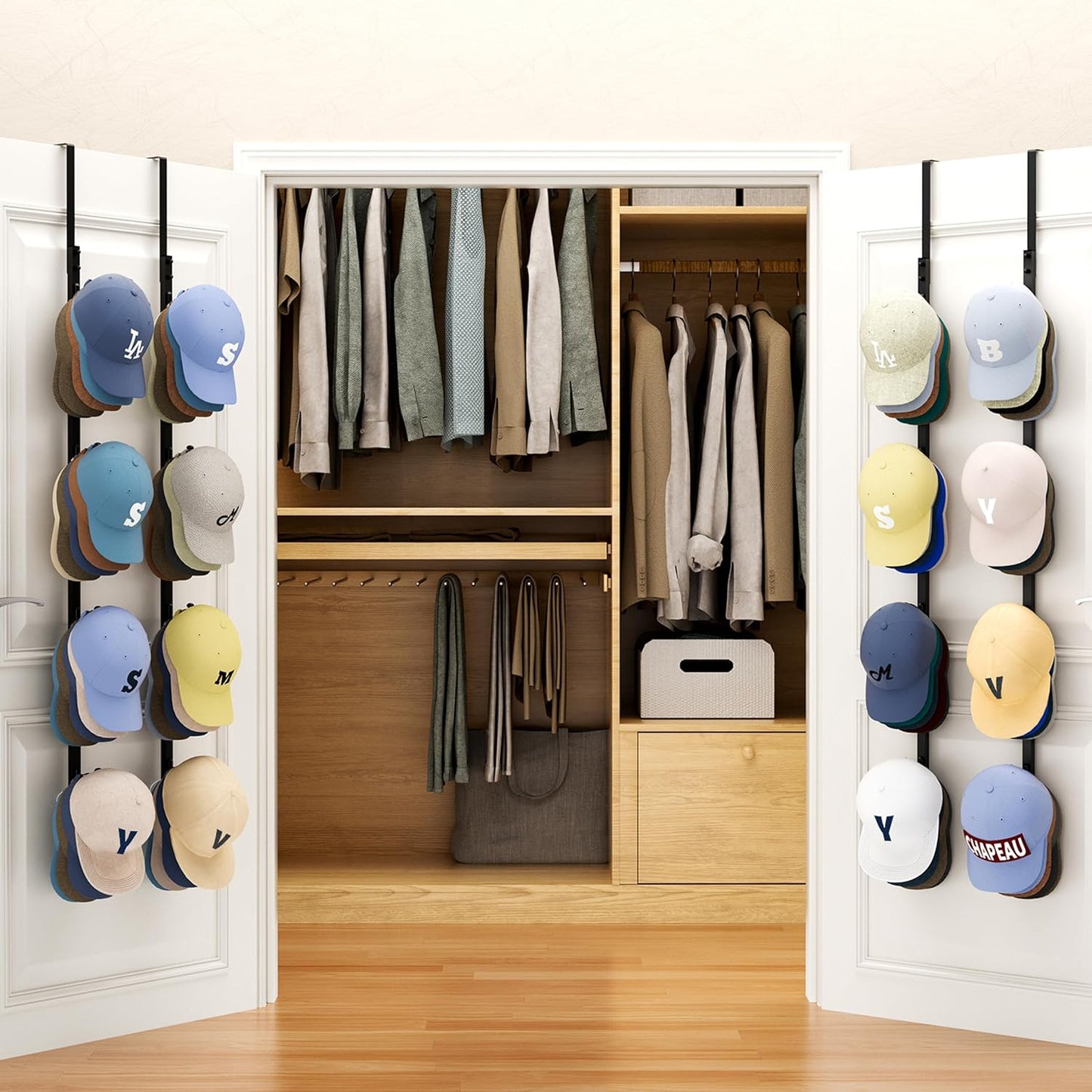 SWTYMIKI Over Door Hat Rack - 4 Packs Metal Hanging Hat Organizer with 16 Hooks Design, Baseball Cap Hanger Organizer Storage Holds up to 80 Caps for Door, Bedroom, Closet