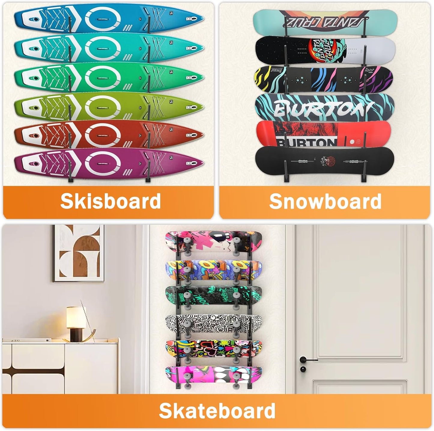Skateboard Wall Mount, 6 Floors Skate Board Wall Display Hanger Rack, Ski Holder,Snowboard Wall Mount for Storage Longboard Deck Organize