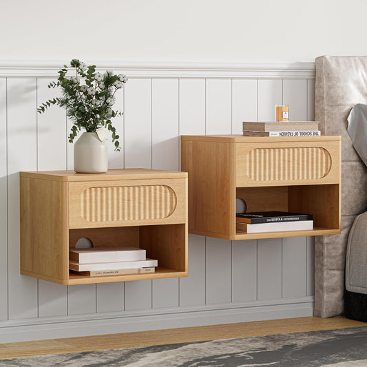 Floating Nightstands with Drawer Set of 2, Modern Wall Mounted Bedside Tables for Bedroom, Space Saving Storage Cabinets, Easy Install Hanging Shelf Night Stands for Small Spaces (Natural)