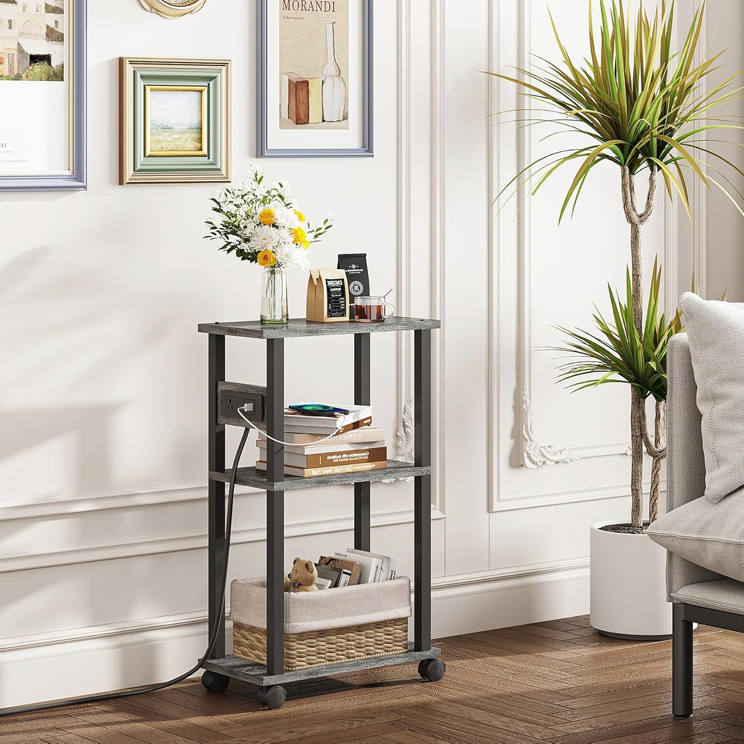 TUTOTAK Small Narrow Side Table with Charging Station, Set of 2, Skinny End Table for Small Spaces, Slim Nightstand with USB Ports and Outlet,Sofa Beside Table with Wheels, Charcoal Grey TB01BY047