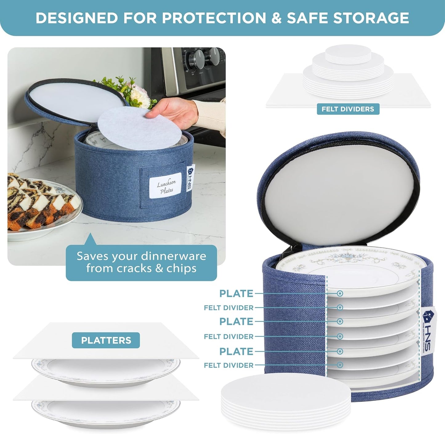 Hard Shell China Storage Containers 12-Piece Set Moving Boxes for Dinnerware, Glasses, Plates, Mugs and Saucers Sturdy Dish Organizer with Dividers for Seasonal Storage - Service for 12 - Blue