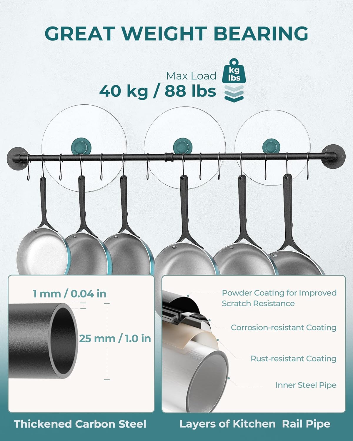 OROPY 38 inch Pot Bar Rack Wall Mounted Detachable Pans Hanging Rail Kitchen Lids Utensils Hanger with 14 S Hooks Black