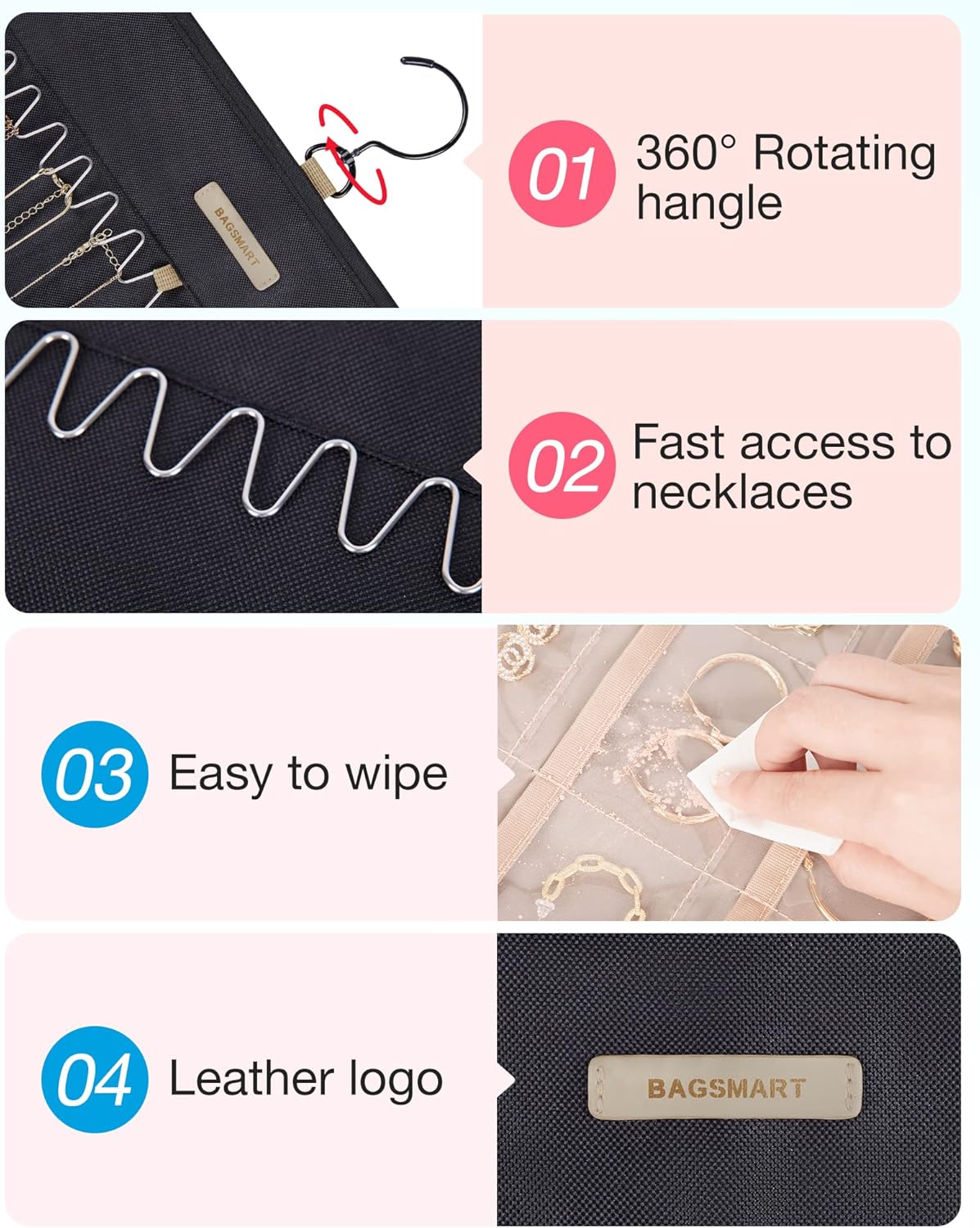 BAGSMART Hanging Jewelry Organizer Storage Roll with Hanger Metal Hooks Double-Sided Jewelry Holder for Earrings, Necklaces, Rings on Closet, Wall, Door, 1 piece, Medium, Black
