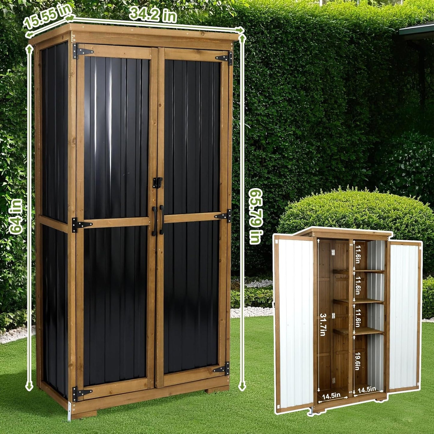 Outdoor Storage Cabinet with Shelf, Wood & Metal Storage Shed with Waterproof Roof & Lockable Doors,Tall Outdoor Cabinets for Patio Backyard, Gardening Tools and Accessories, Brown