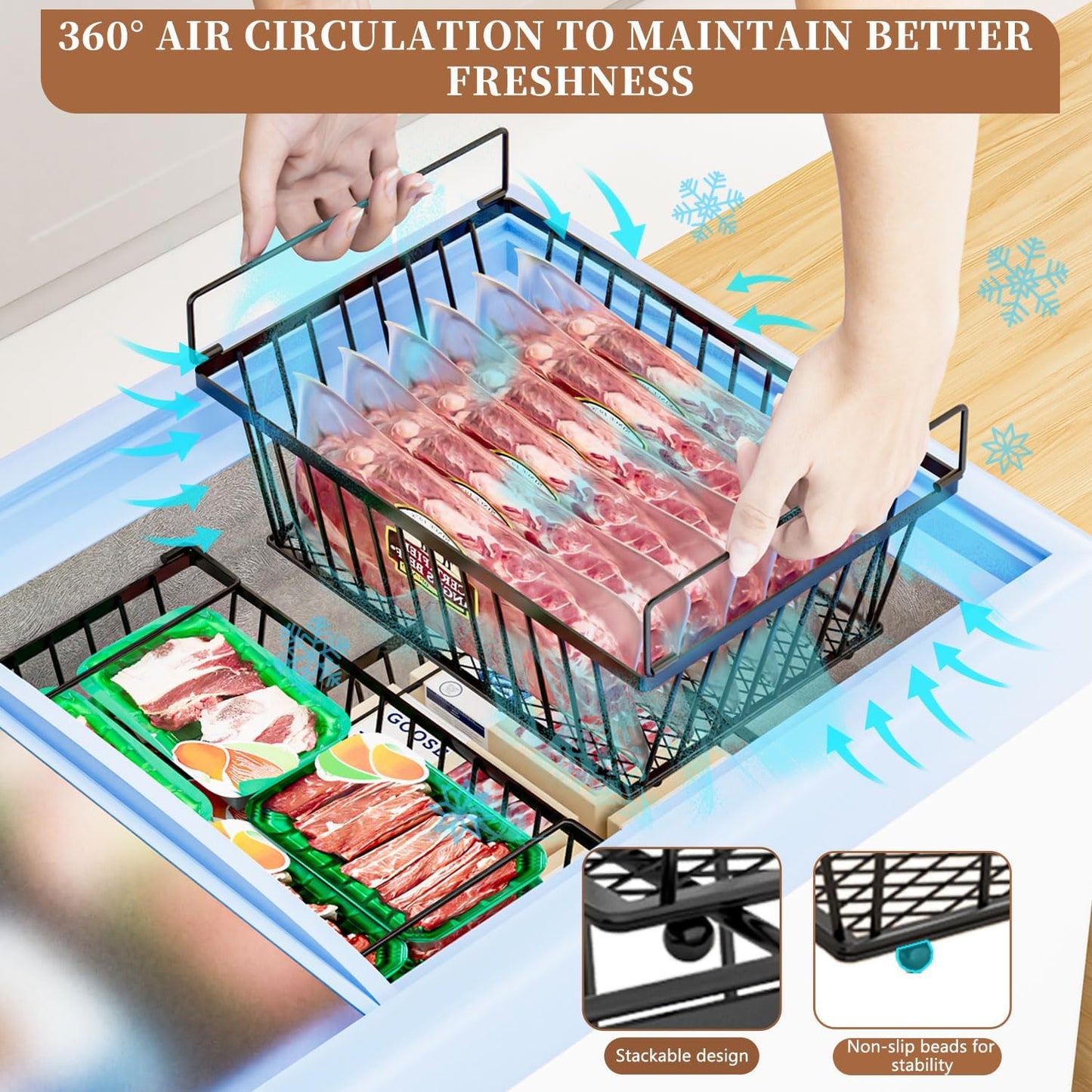 Freezer Organizer Bins ，Enhanced Leak-Proof Bottom，4 Pack Stackable Deep Freezer Organizer Bins for 5 Cu.FT Small Chest Freezer，Easy Get Bottom Foods without Digging（for 5 Cu.Ft