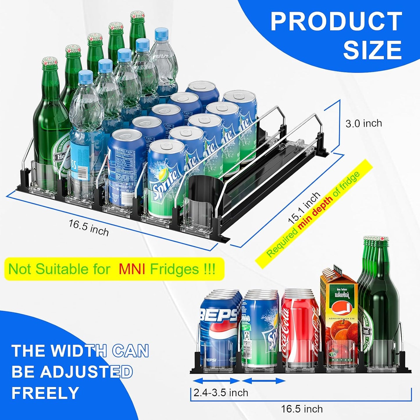 6 Rows Black Drink Organizer for Fridge, 3rd Gen Refrigerator Organizers and Storage, Automatic Pusher Glide and Adjustable Width Can Organizer for Refrigerator - Holds up to 30 Cans