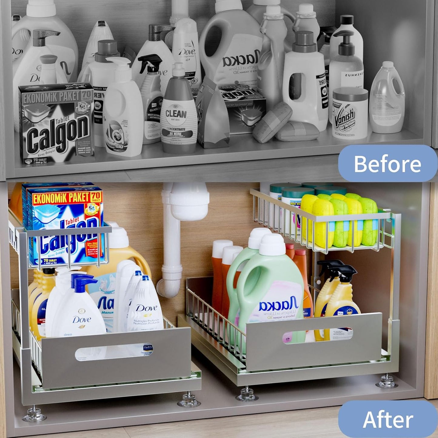 Under Sink Organizer Storage 2-Tier Premium Metal Pull-Out Racks, Height Adjustable, Easy Installation | Kitchen & Bathroom Organizers Pack of 1
